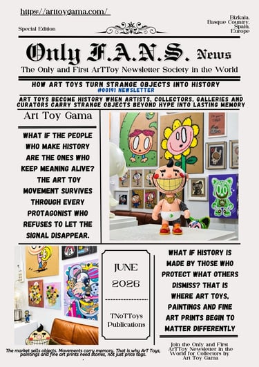 Only F.A.N.S. News art toy newsletter cover featuring collectible designer toys and colorful pop art gallery prints.