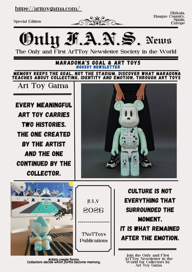 Only F.A.N.S. News newsletter featuring a large mint green Bearbrick art toy and designer collectible figures.