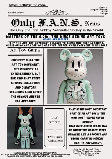 Only F.A.N.S. Art Toy News magazine cover featuring a mint green collectible designer toy with Mickey Mouse graphics.