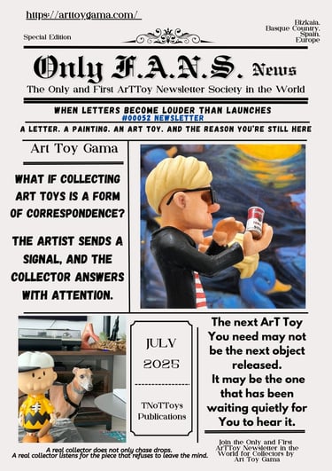 Only F.A.N.S. Art Toy News newsletter featuring Andy Warhol and Charlie Brown figurines with a dog.