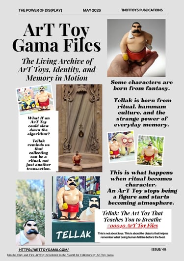 A magazine-style collage featuring the Tellak Art Toy, a mustache character inspired by Turkish hammam culture.
