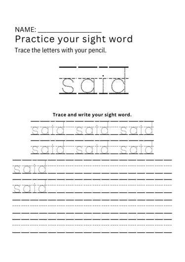 Printable sight-word tracing worksheet for the word "said".