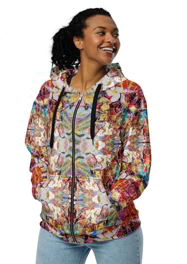 a woman in a colorful floral jacket