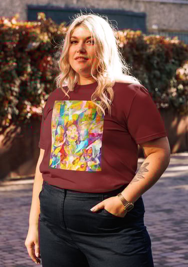 a woman in a red shirt and black pants