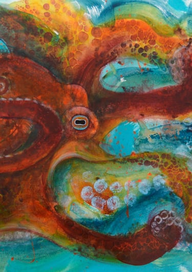 Vibrant abstract octopus painting featuring orange and red tentacles against a textured blue background.