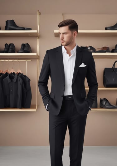 A fashion window display features an elegantly dressed mannequin seated amidst a luxurious setup. The mannequin wears a detailed lace dress and jewelry, surrounded by a variety of high-end handbags, accessories, and decorative elements. The setting conveys opulence with a vintage-styled chair, ornate shelving, and a warm color palette.