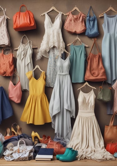 A collection of fashion items is neatly arranged, including a zebra-print top, a cream ribbed sweater, a crocodile pattern clutch bag, a set of gold bangles, a beaded necklace, a shiny black pair of high-heeled sandals, and a vibrant red clutch.