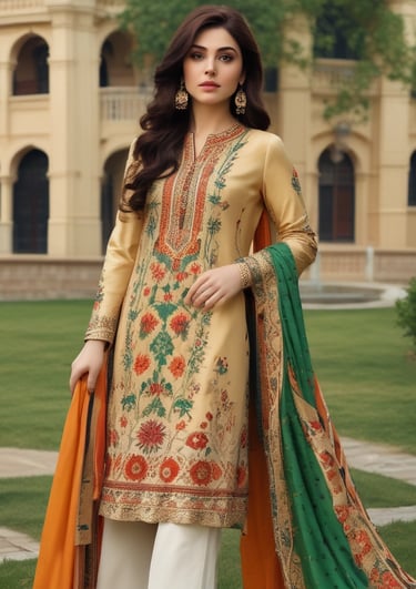 A stylish display of elegant Pakistani suits on hangers.