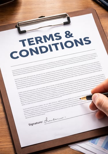 Hand signing a legal terms and conditions contract document on a wooden office desk.