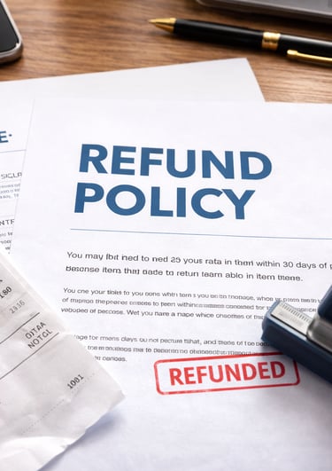 Hand stamping a refund policy document with a red refunded stamp near a receipt and cash.