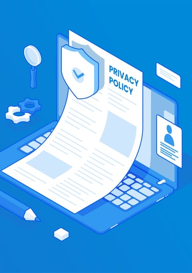 Isometric illustration of a website privacy policy document on a laptop with a security shield icon.