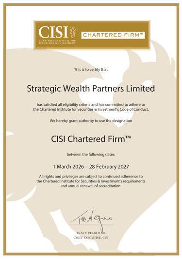 CISI Chartered Firm certificate for Strategic Wealth Partners Limited for 2026-2027 accreditation.