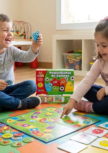 Niños de Preescolar jugando juegos de mesa didácticos educativos de la marca pequedivertido