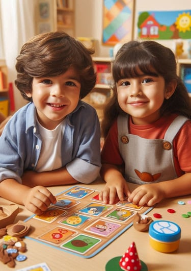 Niños de Preescolar jugando juegos de mesa didácticos educativos de la marca pequedivertido