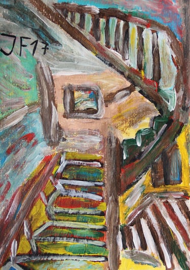 an interior painting of a staircase