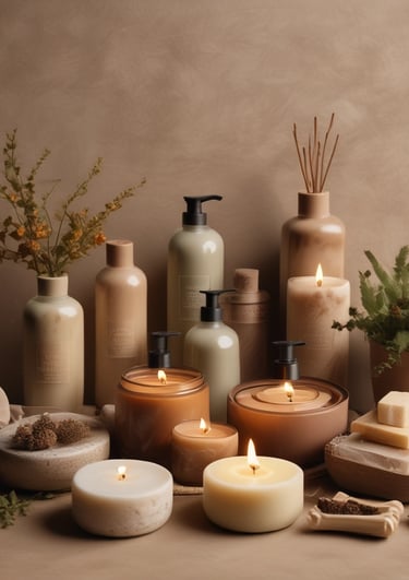 A collection of skincare products is artfully arranged on an olive green backdrop. Several cylindrical bottles and jars, some with labels, are prominently displayed. A large leaf is being held above the setup, adding a natural, organic element. Small rocks and green gummies are scattered around, enhancing the aesthetic presentation.