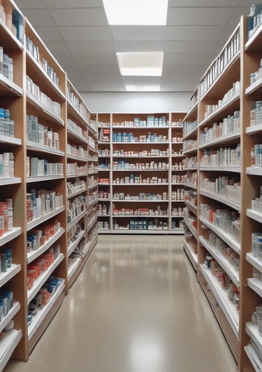 Several people are standing at a pharmacy counter with a selection of medications displayed behind a clear glass partition. The store has a modern design with bright lighting and digital displays showing numbers above each counter.