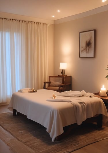 A serene and well-lit massage therapy room features a massage table adorned with scattered rose petals. The room has soft green walls with a floral accent wall in the back. A hanging white robe and a modern chair are present, along with a glass shower enclosure. The ceiling has recessed lighting, contributing to a calming atmosphere.