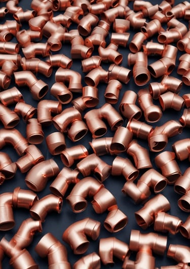 A collection of plumbing fittings and components is arranged on a surface. Notable items include a brass valve with a red handle, a couple of elbow joints, and a rolled-up white hose. In the background, a red and black ladder can be seen along with some metal poles against a concrete wall.