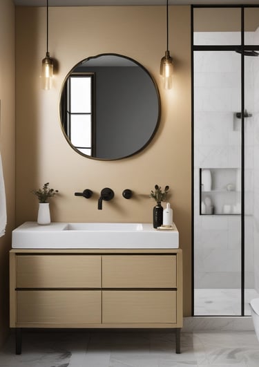 A bathroom with a unique industrial design features exposed piping and cylindrical lights on the ceiling. The ceiling displays a large fish illustration with labeled parts. The walls are covered with white herringbone tiles, and there are three circular mirrors above a long concrete sink with modern faucets.