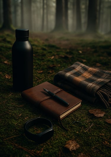 stainless steel water bottle, smart fitness tracker, and leather journal in soft natural light