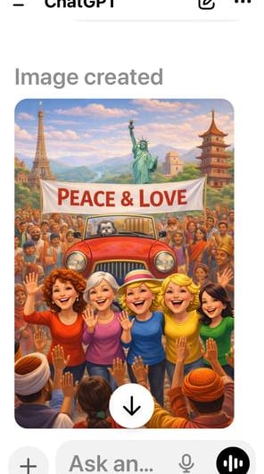A diverse crowd holding a Peace and Love banner with world landmarks like the Eiffel Tower and Statue of Liberty.