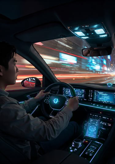 Conductor de coche que habla con la IA de su móvil en el futuro. mientras conduce