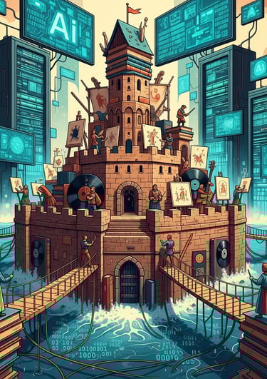 Castillo hecho de pinturas, discos y libros, rodeado de máquinas.