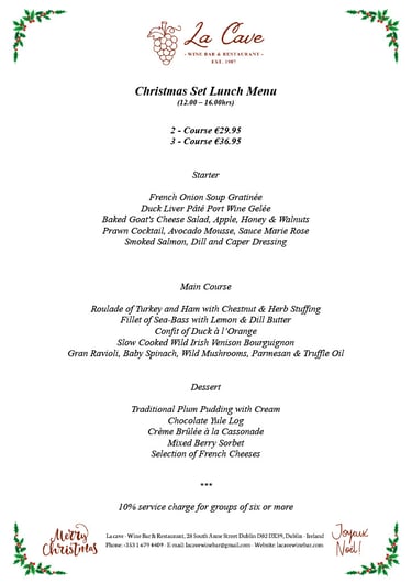 a Lunch menu for a Christmas at la cave
