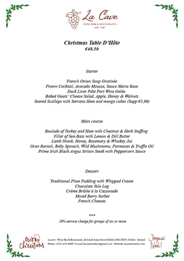 a Dinner menu for a Christmas at la cave