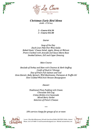 a Early bird menu for a Christmas at la cave