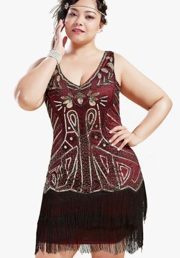 BABEYOND Women's Plus Size Flapper Dresses 1920s V Neck Beaded Fringed Great Gatsby Dress