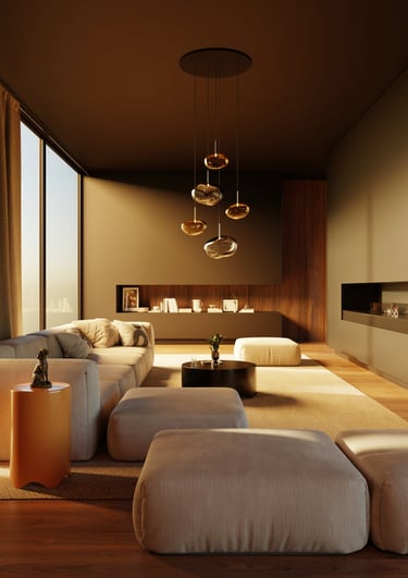 Rendu 3D photoréaliste d’un salon contemporain au coucher du soleil, avec canapés beiges, suspension design en verre soufflé,
