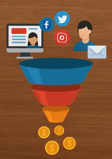 Funil-vendas-digital-elementos-marketing-blogs-redes-sociais-e-mail-marketing-sem-rostos-visíveis