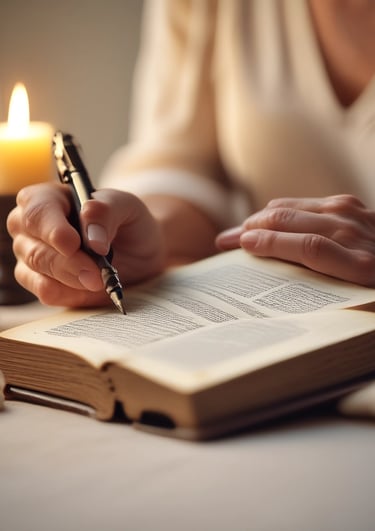 Cinematic close-up photograph of a mature woman gently resting her hands on an open Bible beside a s