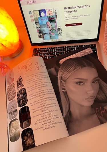 A personalized DigiKita birthday magazine template next to a physical printed copy.