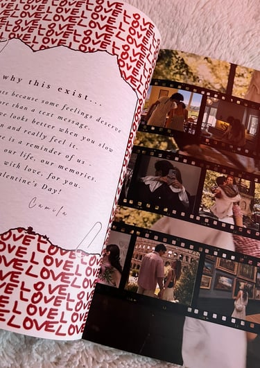 A personalized Valentine's Day magazine with love letters and film strip memories of a couple.