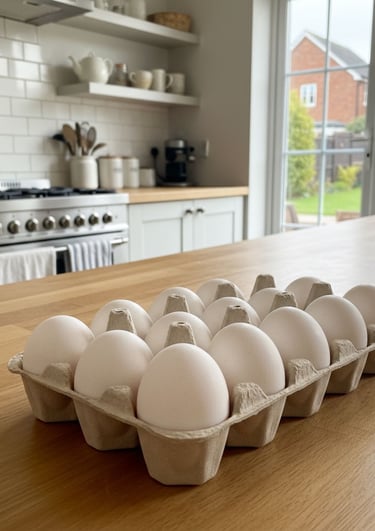 Tray of free-range eggs on a wooden kitchen counter in a modern Yorkshire home