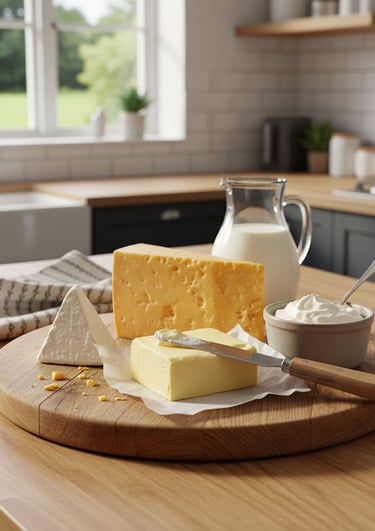 Rustic wooden board with Yorkshire butter, cheese, cream, and milk in a farmhouse kitchen