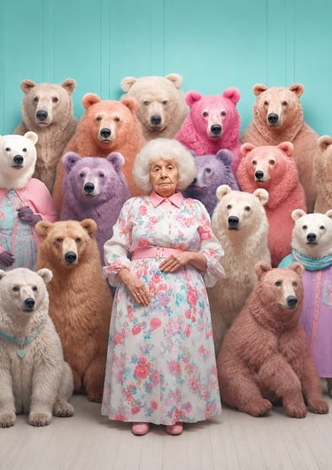 Femme entourée d'ours aux teintes pastel, illustrant un univers de marque unique et cohérent.
