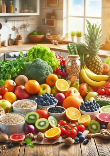 a table with fruits and vegetables on it