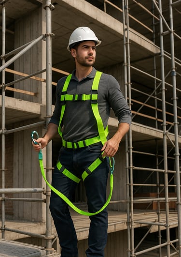 trabajador en edificio en construcción con andamios asegurado con arnés verde fluorescente como prot