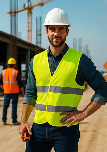 trabajador en obra con chaleco reflectante de seguridad color amarillo