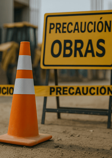 equipos de señalización vial con conos naranjas y cinta de seguridad en obra de construcción
