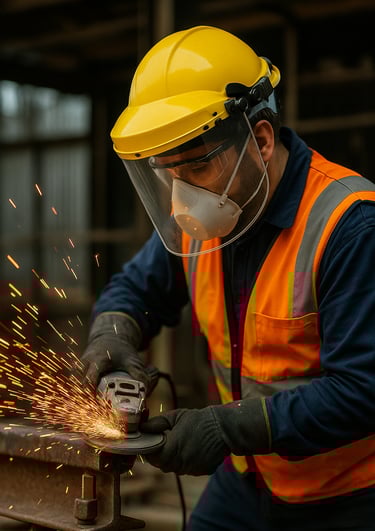 trabajador en obra esmerilando metal con chispas usando careta ESMILAR amarilla con visor transparen