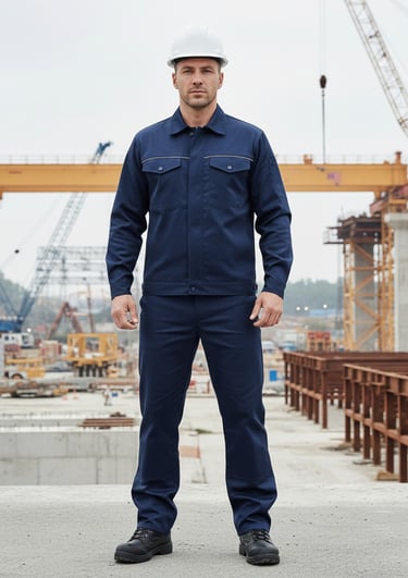 trabajador en obra industrial usando uniforme azul marino completo de seguridad como ropa industrial