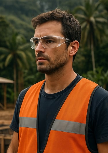 trabajador en obra en la selva usando gafas de seguridad transparentes como protección visual
