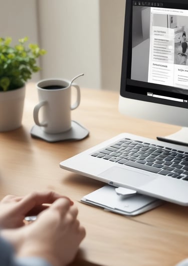 A laptop screen displays a webpage with the title 'ChatGPT Mastery Course'. The page includes sections on Learning, Writing, Money, Marketing, Productivity, and Tools, with various bullet points under each category. The top right shows an open browser tab, and there is a rating section with stars in the top left. Bright icons of various applications are visible at the bottom of the screen.
