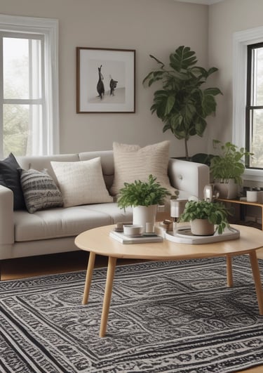 a living room with a couch and a rug