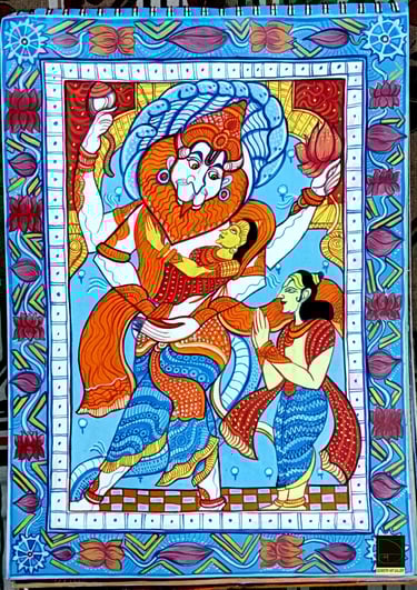 pattachitra art of hindu god narsimha with his devotee prahlad and his consort lakhsmi